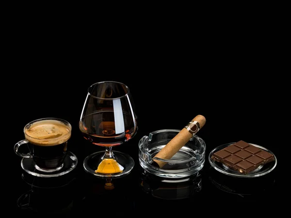 Cognac Cigar Coffee Chocolate Glassware Isolated Black — Stock Photo, Image