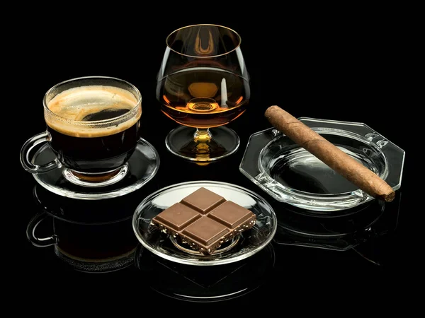 Cognac Cigar Coffee Chocolate Glassware Isolated Black — Stock Photo, Image