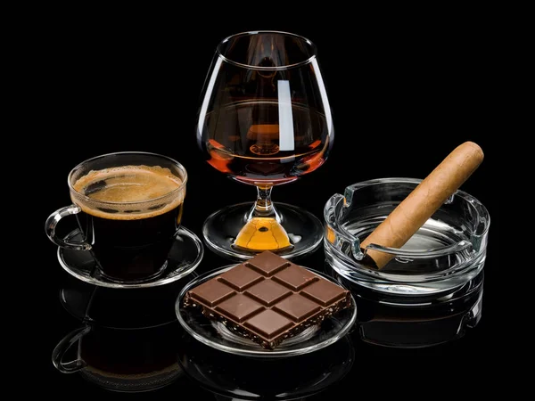 Cognac Cigar Coffee Chocolate Glassware Isolated Black — Stock Photo, Image