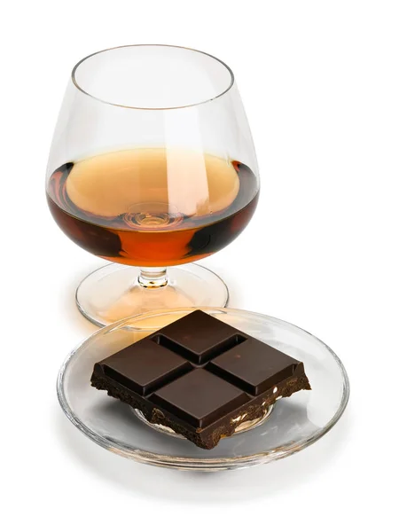 Cognac Chocolate Bar Glass Saucer Isolated White — Stock Photo, Image