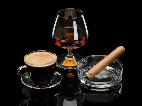 Cognac Coffee Cigar Glassware Isolated Black — Stock Photo, Image