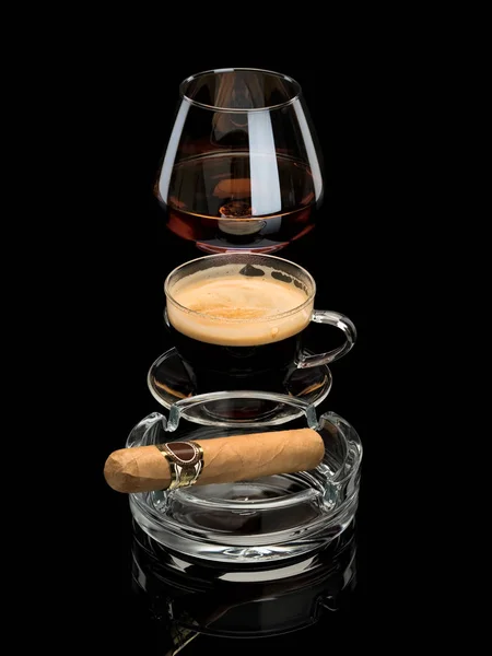 Cognac Coffee Cigar Glassware Isolated Black — Stock Photo, Image