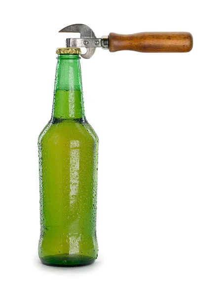 Can Opener Beer Bottle Green Glass Isolated White — Stock Photo, Image