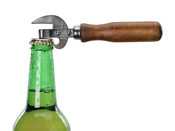 Hals Van Fles Met Tin Stop Blikopener Geïsoleerd Wit — Stockfoto