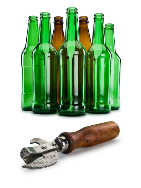 Old Can Opener Group Empty Beer Bottles Isolated White — Stock Photo, Image
