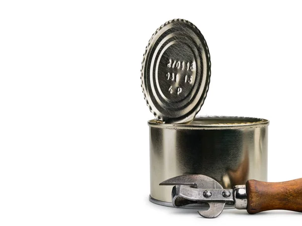 Open Can Old Can Opener Isolated White — Stock Photo, Image
