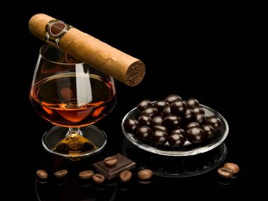 Konyak, puro ve çikolata kaplı kahve fasulye