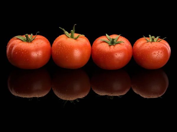 Aantal Van Vier Tomaten Bedekt Met Druppels Water Het Geïsoleerd — Stockfoto