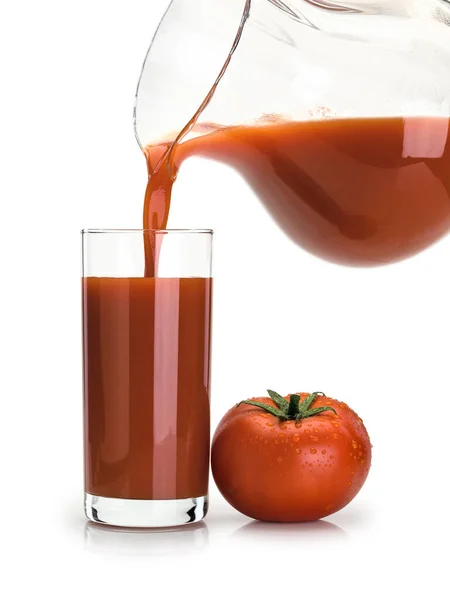 Remplissage Verre Haut Par Jus Tomate Cruche Verre Est Isolé — Photo