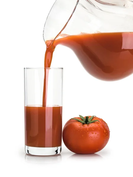 Remplissage Verre Haut Par Jus Tomate Cruche Verre Est Isolé — Photo