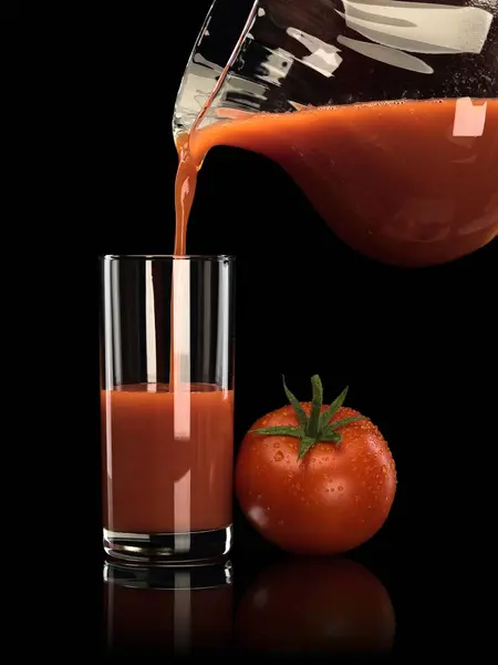 Remplissage Verre Haut Par Jus Tomate Cruche Verre Est Isolé — Photo