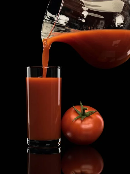 Filling High Glass Tomato Juice Glass Jug Isolated Black — Stock Photo, Image