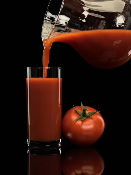 Remplissage Verre Haut Par Jus Tomate Cruche Verre Est Isolé — Photo