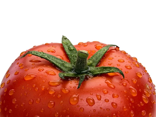 Groot Fragment Rijpe Tomaat Bedekt Met Waterdruppels Geïsoleerd Wit — Stockfoto