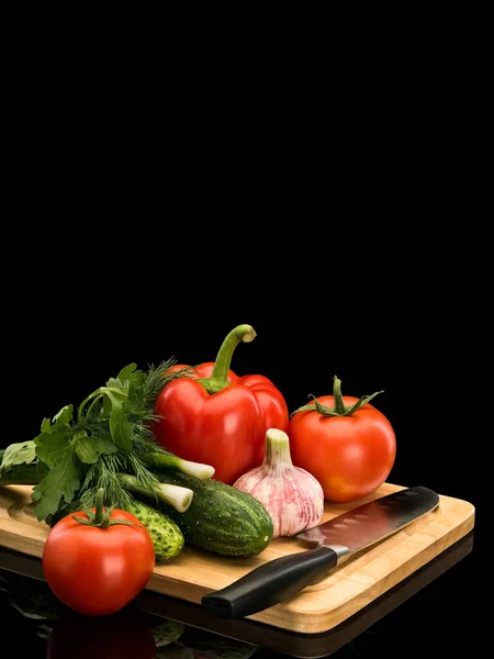 Grupper Grönsaker Peppar Tomat Vitlök Grön Lök Persilja Gurka Santoku — Stockfoto