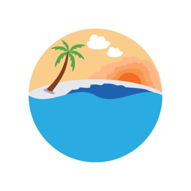 Plaj logo şablonu tasarım vektöründe gün doğumu veya gün batımı