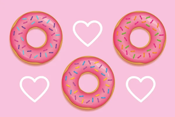 Drei rosa Donuts mit bunten Zuckerstreuern — Stockvektor