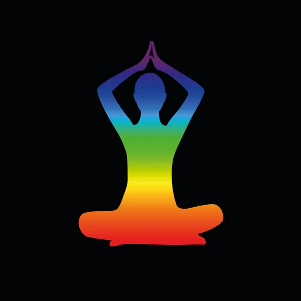 Meditatie persoon zit in een lotus pose regenboog kleur — Stockvector