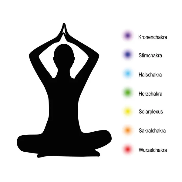 Yoga orang dalam teratai pose siluet hitam chakra poin - Stok Vektor