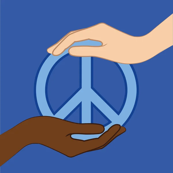 White and black hand hold peace symbol blue — Stock Vector