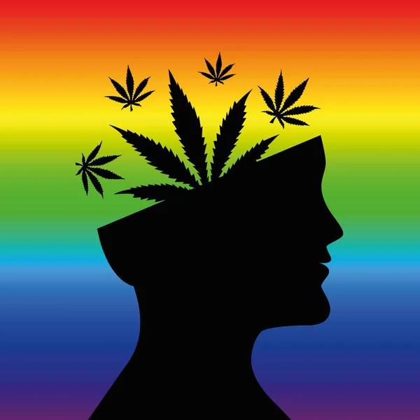 Hojas Cannabis Cabeza Del Hombre Silueta Arco Iris Vector Ilustración — Archivo Imágenes Vectoriales