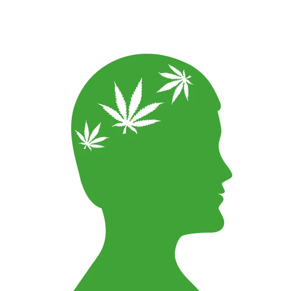 Folhas de cannabis em mans silhueta cabeça verde — Vetor de Stock