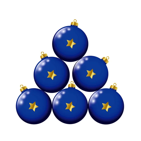 Blå julgranskulor med guldstjärnor — Stock vektor