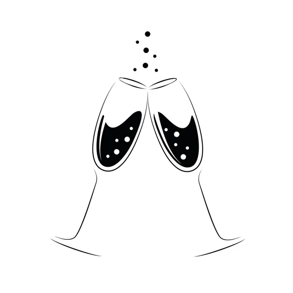 Iki kristal bardak şampanya siyah ve beyaz — Stok Vektör