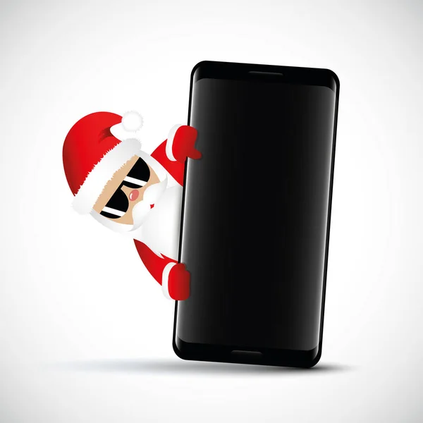 Хипстер Санта Клаус с крутой бородой и солнцезащитными очками за черным смартфоном — стоковый вектор