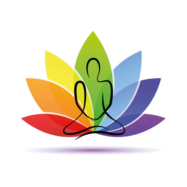 Hand ritning yoga som sitter i en lotus pose regnbågens färger — Stock vektor