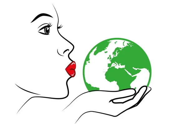 Молода жінка з червоними губами цілує зелену землю малюнок рук — стоковий вектор