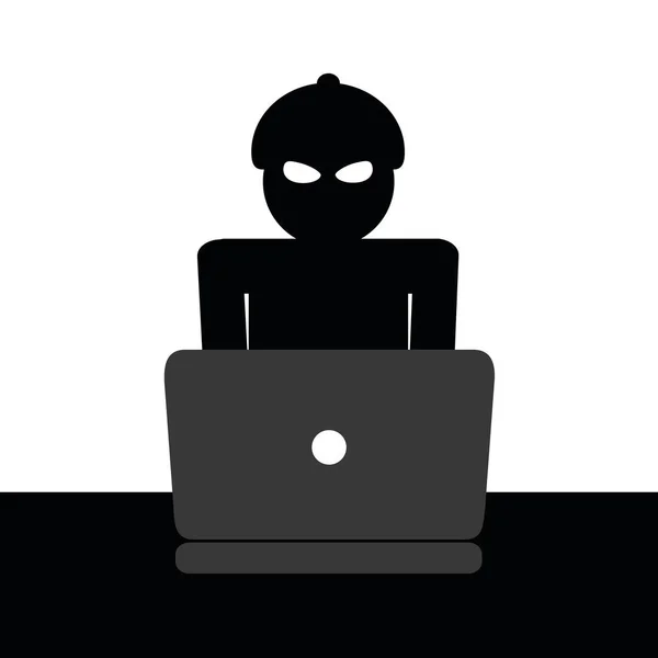 Hacker nella maschera con computer portatile su sfondo bianco — Vettoriale Stock