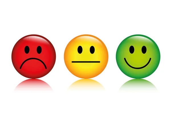 Three emoticon smiley rating buttons isolated on white background — Stock Vector