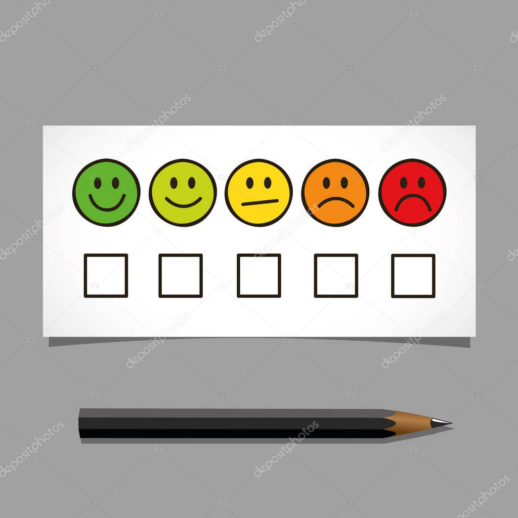 emoticon smiley rating icons and black pen isolated on white background
