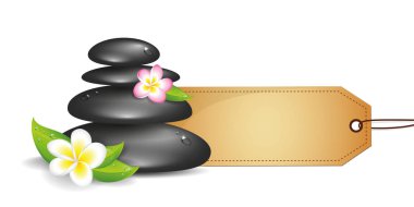 Siyah ile beyaz taşlar ve pembe frangipani çiçek kağıt etiket