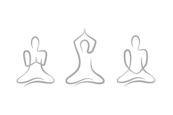 Tres personas en diferentes posturas de meditación sobre fondo blanco — Vector de stock