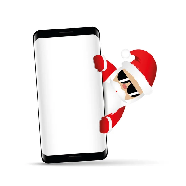 Хипстер Санта Клаус с крутой бородой и солнцезащитными очками за смартфоном — стоковый вектор