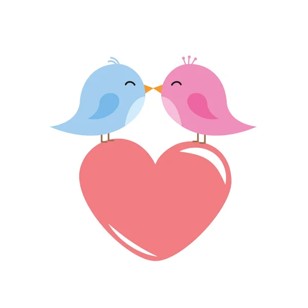 Deux Oiseaux Mignons Embrassent Dessin Animé Coeur Rouge Vecteur Illustration — Image vectorielle