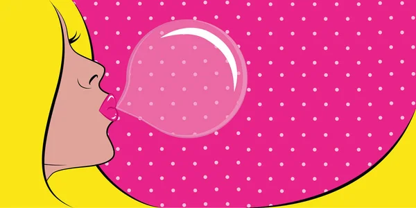 Blond young woman portrait bubble gum pop art — Stock Vector
