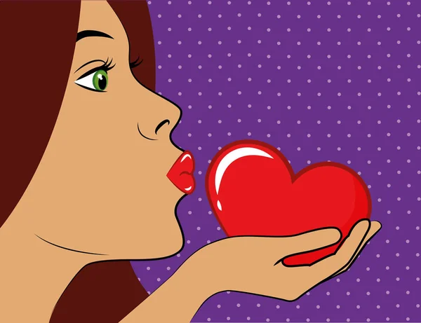 Giovane donna con labbra rosse bacia un cuore rosso pop art — Vettoriale Stock