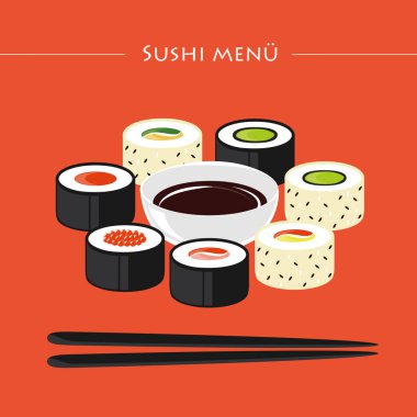 Sushi menü kümesini farklı chopsticks ve soya sosu ile