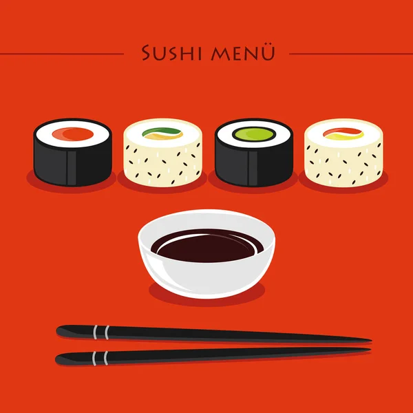 Színes sushi készlet különböző pálcika szójaszósszal narancssárga háttér — Stock Vector