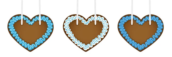 Set of three gingerbread hearts in different blue colors — Stock Vector