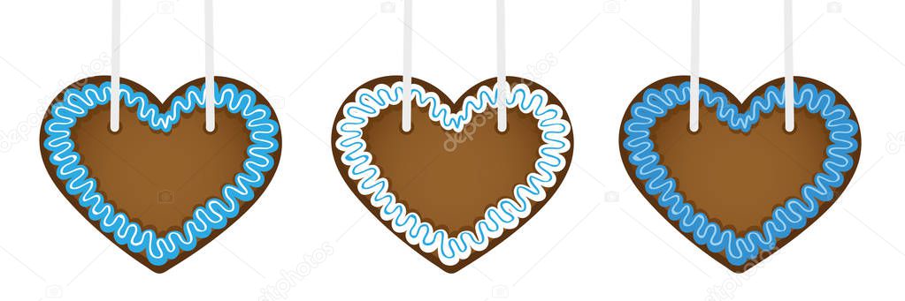 set of three gingerbread hearts in different blue colors