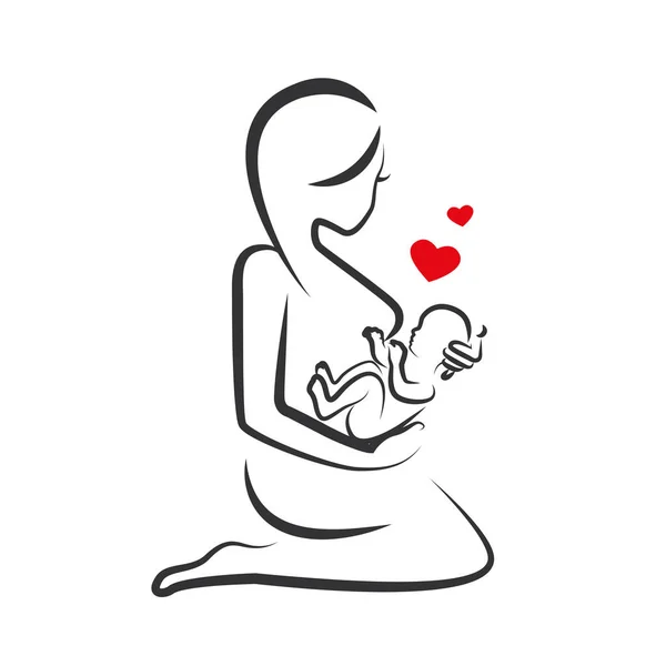 Disegno lineare bella donna con bambino nel braccio — Vettoriale Stock