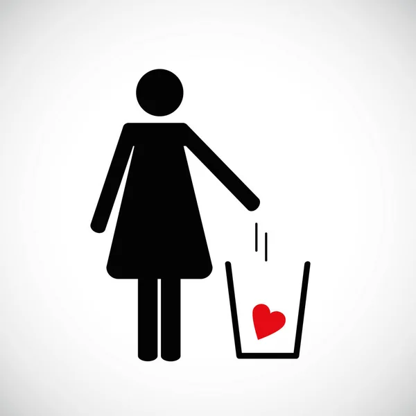 Donna getta il cuore nell'icona pittogramma spazzatura — Vettoriale Stock