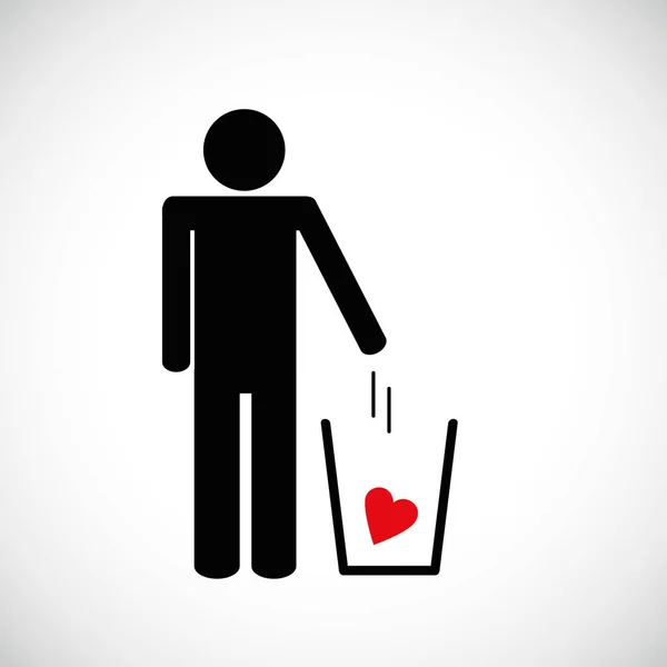 Man throws heart in the trash pictogram icon — Stock Vector