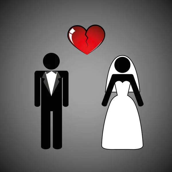 Pareja de boda hombre y mujer separar corazón roto pictograma — Vector de stock