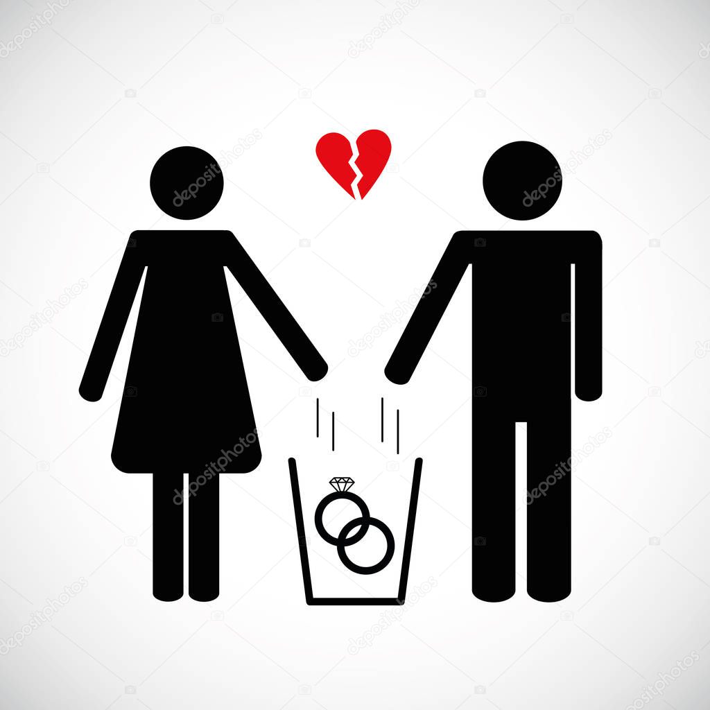 woman and man throws heart in the trash pictogram icon