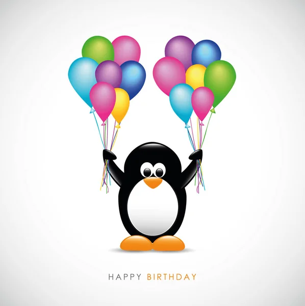 Mignon pingouin volant avec des ballons d'hélium colorés dessin animé enfantin — Image vectorielle